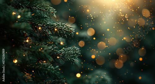 A close-up photo of a frosted evergreen branch adorned with string lights, captured against a bokeh background of twinkling lights photo