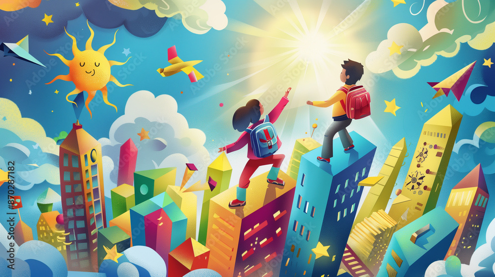 Obraz premium Children Reaching for the Sun in a Colorful Fantasy City