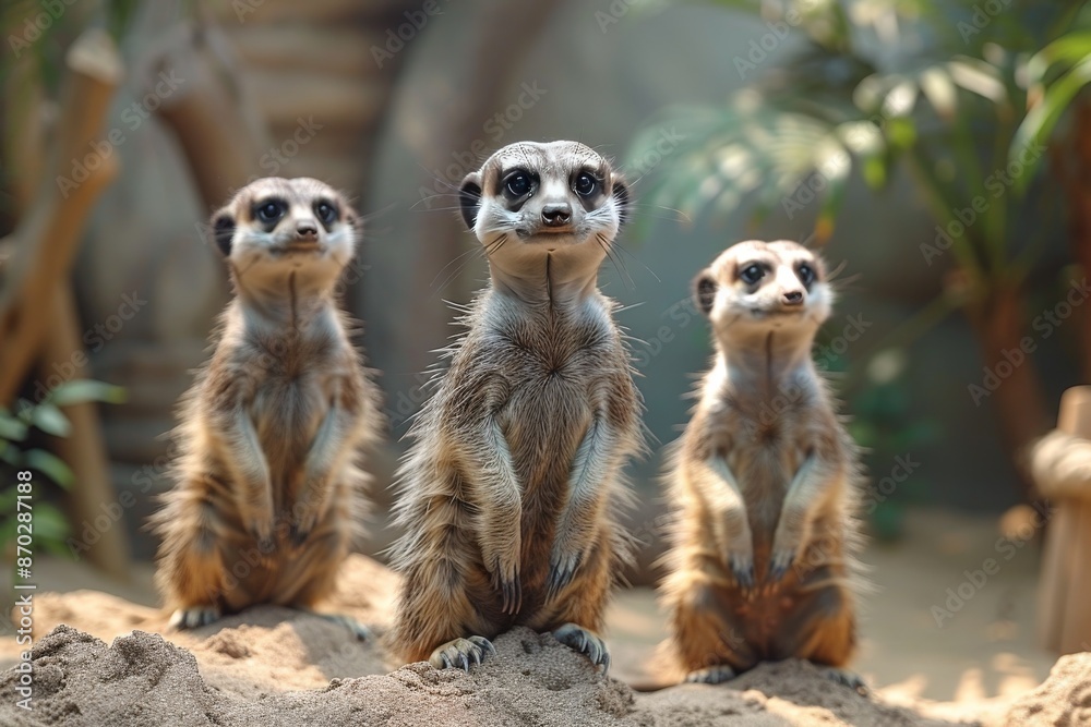 Curious meerkats standing on their hind legs, keeping watch. Curious meerkats standing on their hind legs, keeping watch.