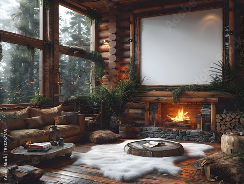 Cozy Mountain Cabin Mockup With White Background Rustic Decor And Serene Wilderness Atmosphere