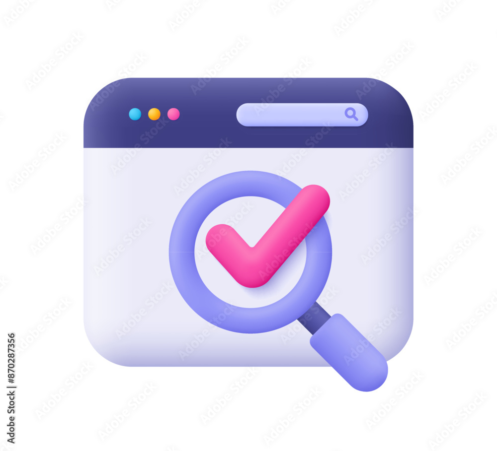 Webpage with check mark and magnifying glass. Search engine concept. 3d vector icon. Cartoon minimal style.