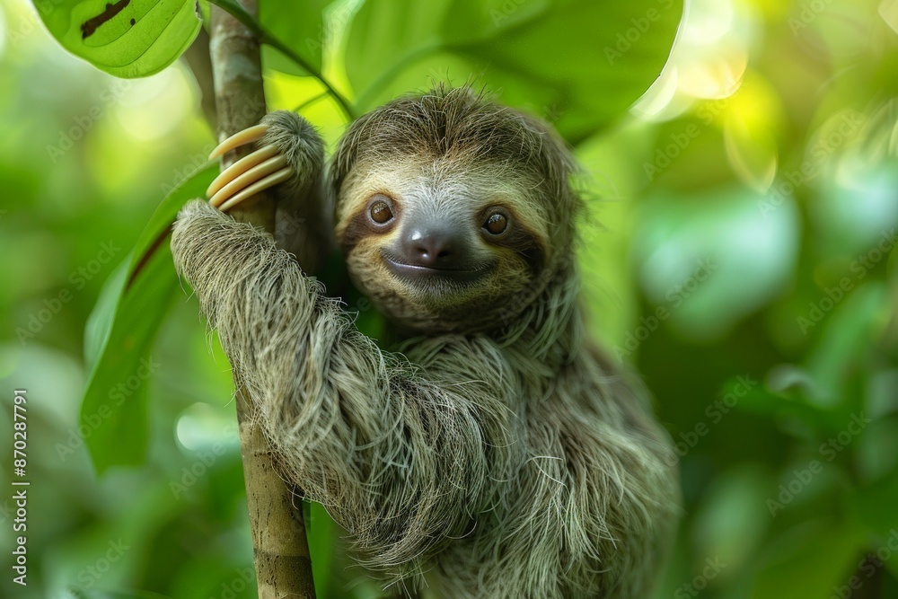 Adorable baby sloth hanging from a tree branch.