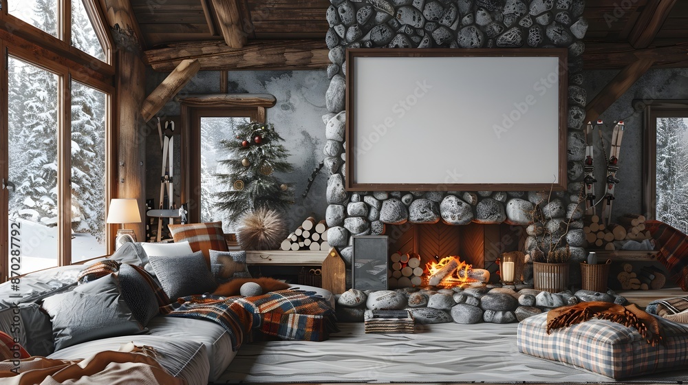 Cozy Mountain Ski Lodge Ambiance with Fireplace and Plaid Blankets Cozy Mountain Ski Lodge Ambiance with Fireplace and Plaid Blankets