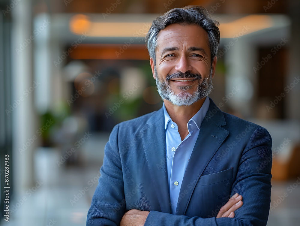 Obraz premium Portrait photography of a successful middle aged businessman consultant looking at camera and smiling inside modern office building