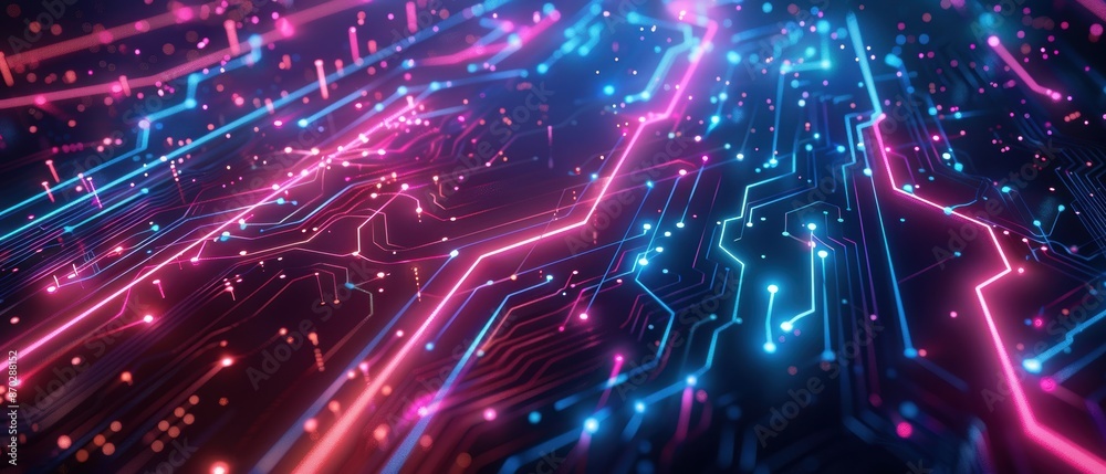 Abstract neon circuits, dark background, vibrant colors, ample copy space, futuristic design