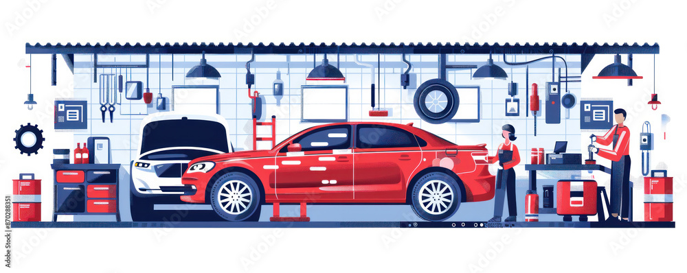 Fototapeta premium A man and a woman are working on a red car in a garage. The car is parked in the middle of the garage, and there are several tools and equipment around it