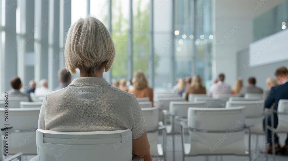 A woman sits in a chair in a large room with many other people A woman sits in a chair in a large room with many other people