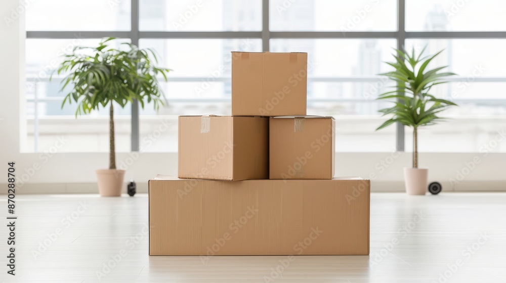 A stack of cardboard boxes is sitting on a floor in front of a window A stack of cardboard boxes is sitting on a floor in front of a window