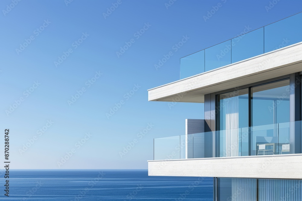 Fototapeta premium A large white building with a balcony overlooking the ocean