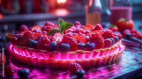 Colorful Berry Tart with Neon Lighting - Generative AI photo