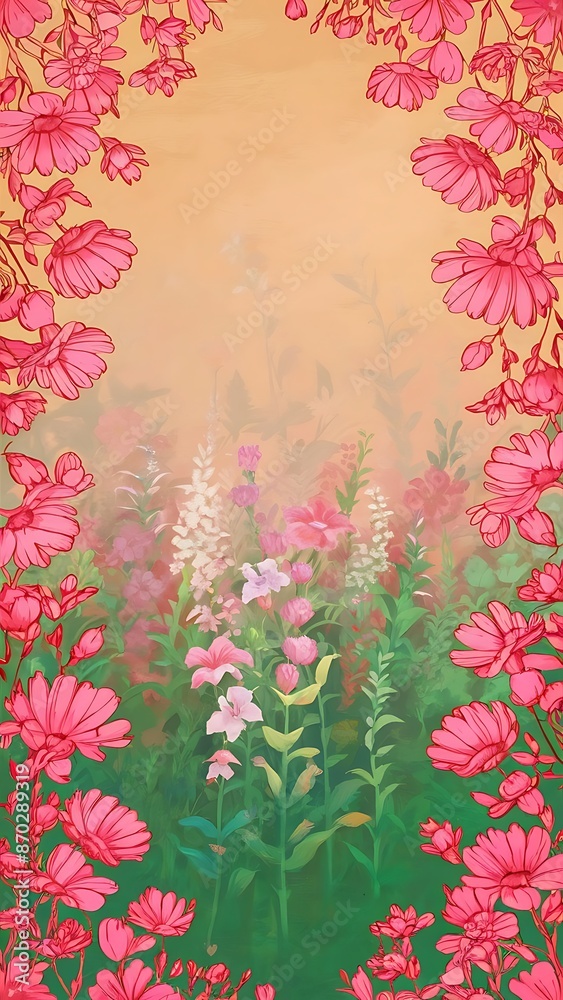 Pink and green field flowers frame on beige background Pink and green field flowers frame on beige background