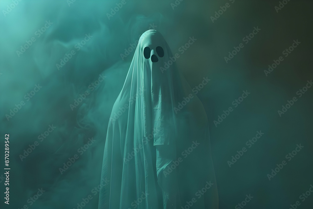Eerie ghost figure in a misty atmosphere, covered in a white sheet with dark eye holes, creating a spooky Halloween effect. Eerie ghost figure in a misty atmosphere, covered in a white sheet with dark eye holes, creating a spooky Halloween effect.