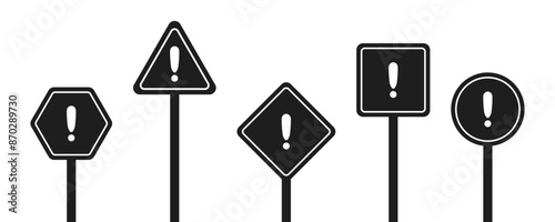 Set of round, square, rhombic, triangular and hexagonal black road signs with exclamation point. Caution sign. Vector icons for warning about the situation on the road. White isolated background