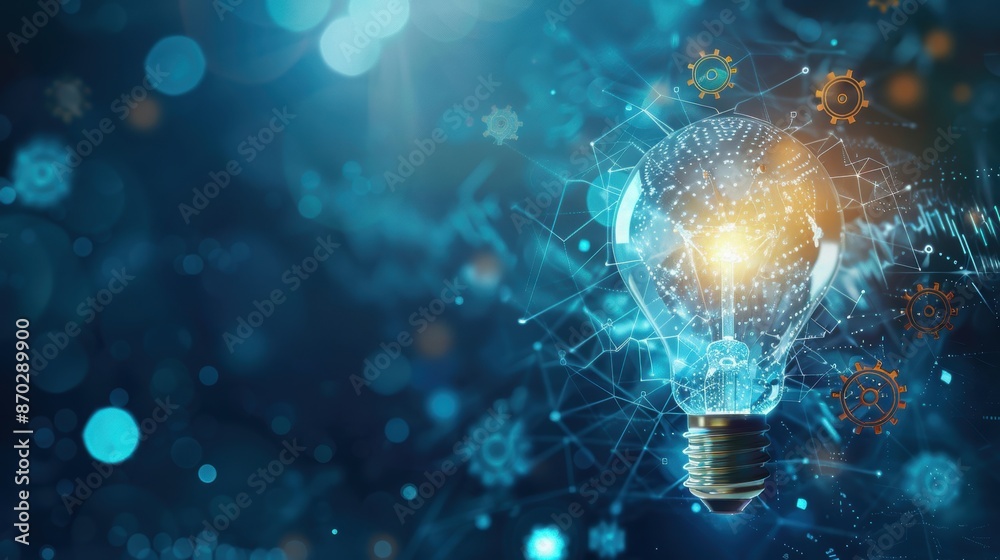 Fototapeta premium Digital innovation, light bulb and gears, abstract background, idea concept, high-tech design