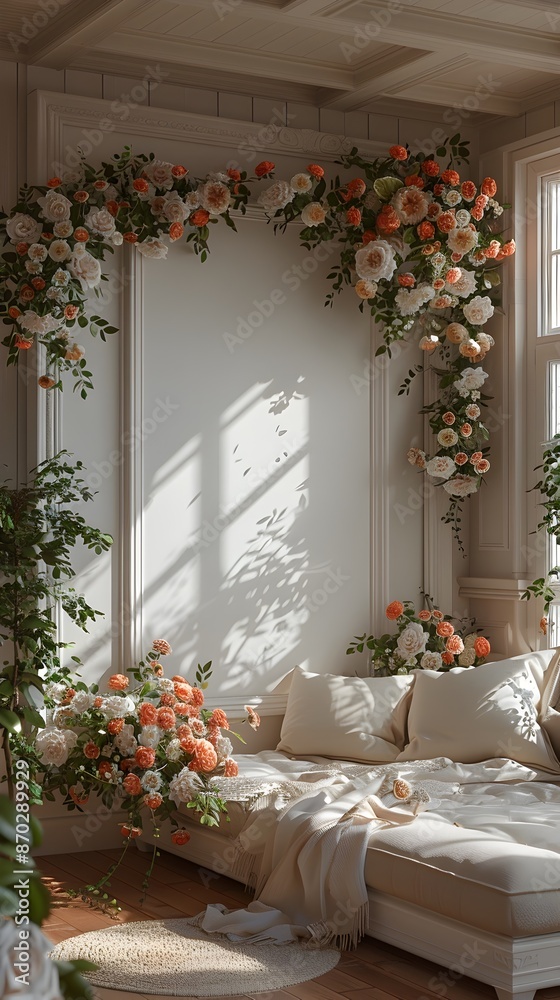 Delicate floral embellished frame mockup set in a cozy elegant French provincial inspired bedroom bathed in soft natural daylight Exudes a romantic feminine vibe Delicate floral embellished frame mockup set in a cozy elegant French provincial inspired bedroom bathed in soft natural daylight Exudes a romantic feminine vibe