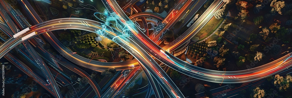 futuristic aerial view of complex highway interchange with digital overlays futuristic aerial view of complex highway interchange with digital overlays