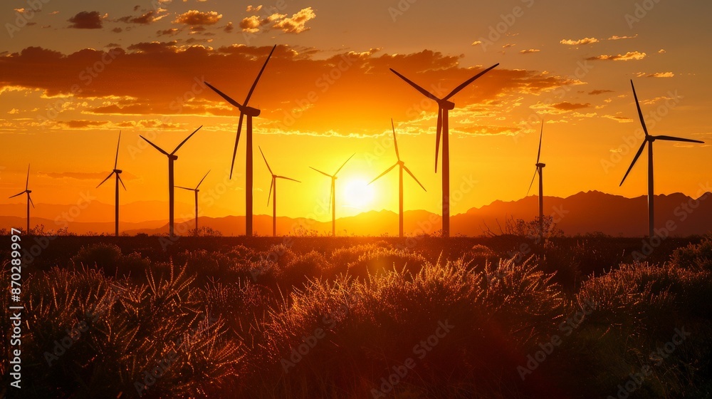 The sun rising behind a row of wind turbines creates a striking image, blending the beauty of nature with sustainable energy. The sun rising behind a row of wind turbines creates a striking image, blending the beauty of nature with sustainable energy.