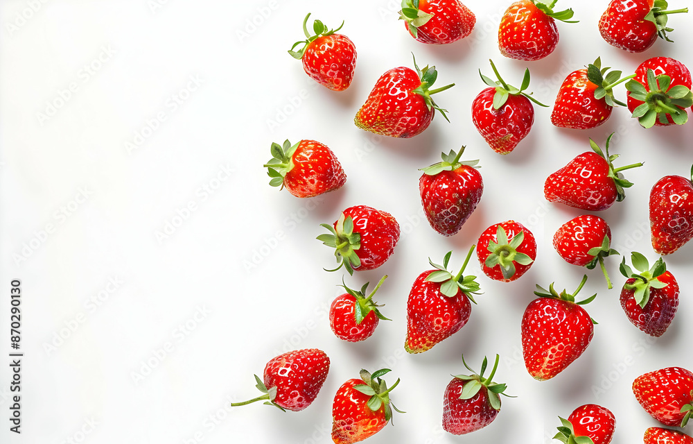 Fresh ripe strawberries scattered on white background. Perfect for concepts of healthy eating, fruit, and summer freshness. Fresh ripe strawberries scattered on white background. Perfect for concepts of healthy eating, fruit, and summer freshness.