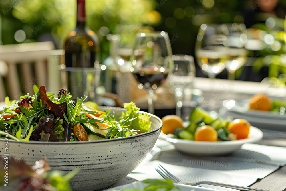 Fresh summer salad with vegetables, wine, and outdoor dining setup. Enjoy a healthy meal in a serene garden setting with friends and family. Fresh summer salad with vegetables, wine, and outdoor dining setup. Enjoy a healthy meal in a serene garden setting with friends and family.
