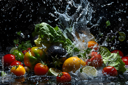 Fresh vegetables splashing into water, featuring tomatoes, lettuce, peppers, and more, creating a vibrant and refreshing scene.