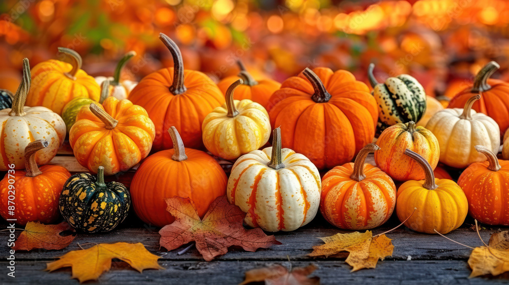 A close-up shot of a variety of pumpkins and gourds arranged on a wooden surface with autumn leaves A close-up shot of a variety of pumpkins and gourds arranged on a wooden surface with autumn leaves