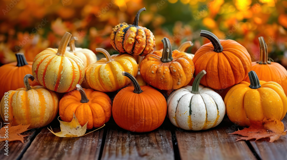 A close-up image of various pumpkins and gourds arranged on a wooden table A close-up image of various pumpkins and gourds arranged on a wooden table
