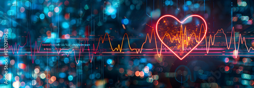 Neon heart shape and ECG lines on digital background, symbolizing healthcare technology advancements and heart health monitoring innovations.