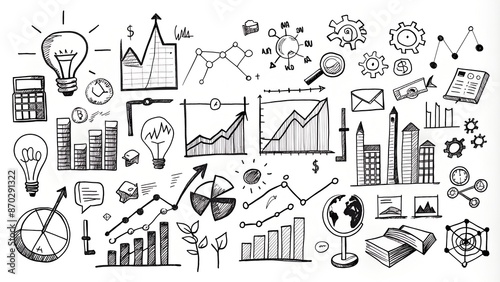 Hand-drawn doodles of business and analysis concepts on a white background charts, and equations etc