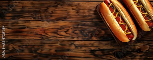 Three hot dogs are on a wooden cutting board. The hot dogs are covered in mustard and ketchup. Free copy space for text. photo