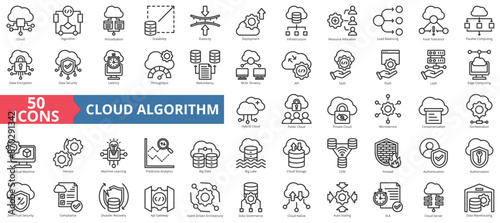 Cloud algorithm icon collection set. Containing edge computing, virtualization, scalability, elasticity, deployment icon. Simple line vector.