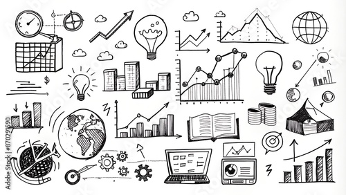 Hand-drawn doodles of business and analysis concepts on a white background charts, and equations etc
