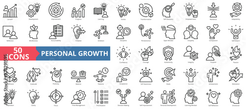 Personal growth icon collection set. Containing development, improvement, progress, learning, evolve, transformation icon. Simple line vector.