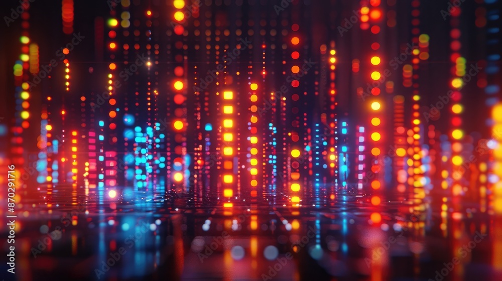 Abstract background with glowing neon dots and lines in red and blue, evoking a futuristic digital ambiance with bokeh effects.
