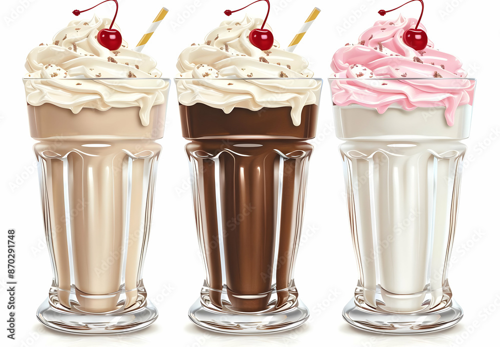 Three delicious milkshakes in vanilla, chocolate, and strawberry flavors, topped with whipped cream and cherries, served in classic glass cups. Three delicious milkshakes in vanilla, chocolate, and strawberry flavors, topped with whipped cream and cherries, served in classic glass cups.