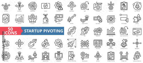 Startup pivoting icon collection set. Containing innovation, adaptability, iterate, disruption, bifurcation, agile icon. Simple line vector.
