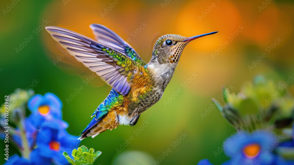 Fototapeta premium A vibrant hummingbird hovers in mid-air, its wings spread wide as it searches for nectar from a nearby blue flower