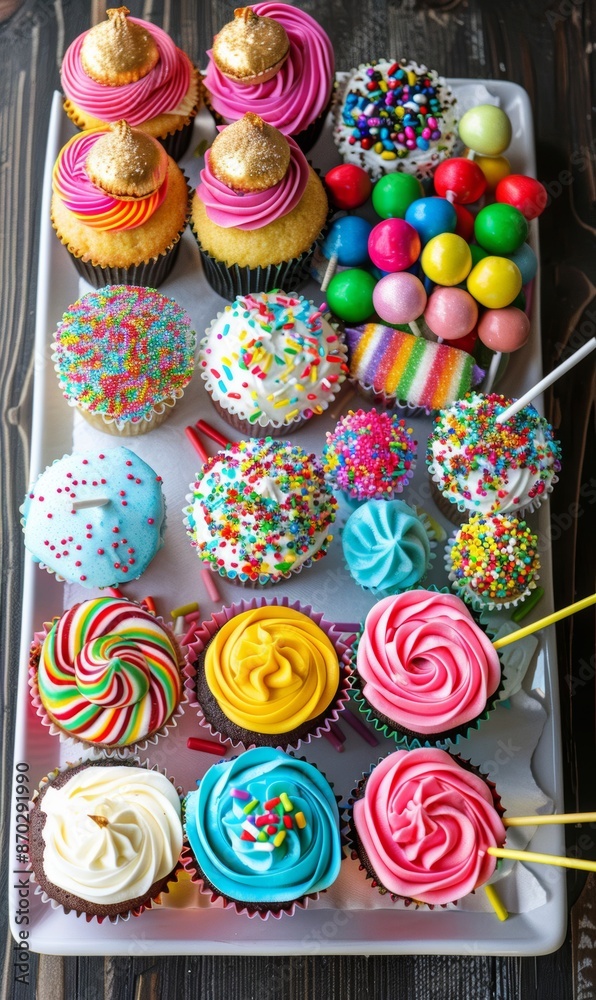 A vibrant birthday dessert tray overflows with colorful treats