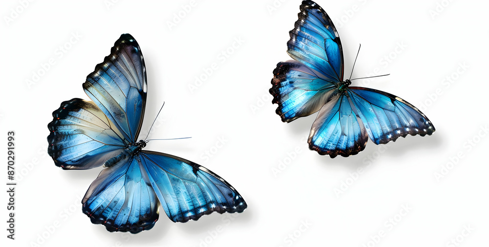 Two vibrant blue butterflies with detailed wings on a white background, showcasing natural beauty and elegance in flight. Two vibrant blue butterflies with detailed wings on a white background, showcasing natural beauty and elegance in flight.