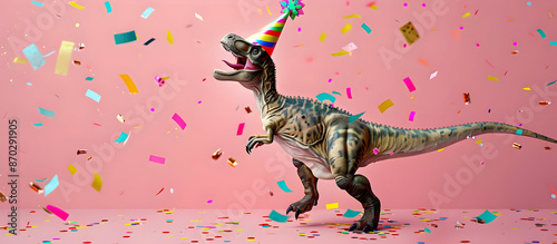 Fototapeta Naklejka Na Ścianę i Meble -  Toy dinosaur with a party hat and confetti on a pink background, capturing a fun and whimsical celebration.
