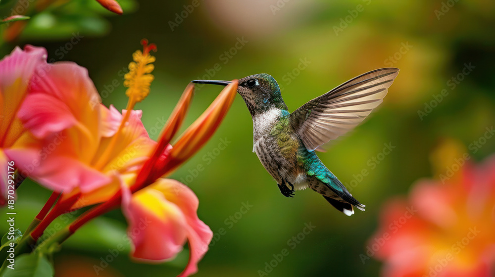 Naklejka premium A hummingbird hovers in mid-air, its wings a blur of motion, as it approaches a cluster of vibrant pink and orange flowers in a garden setting