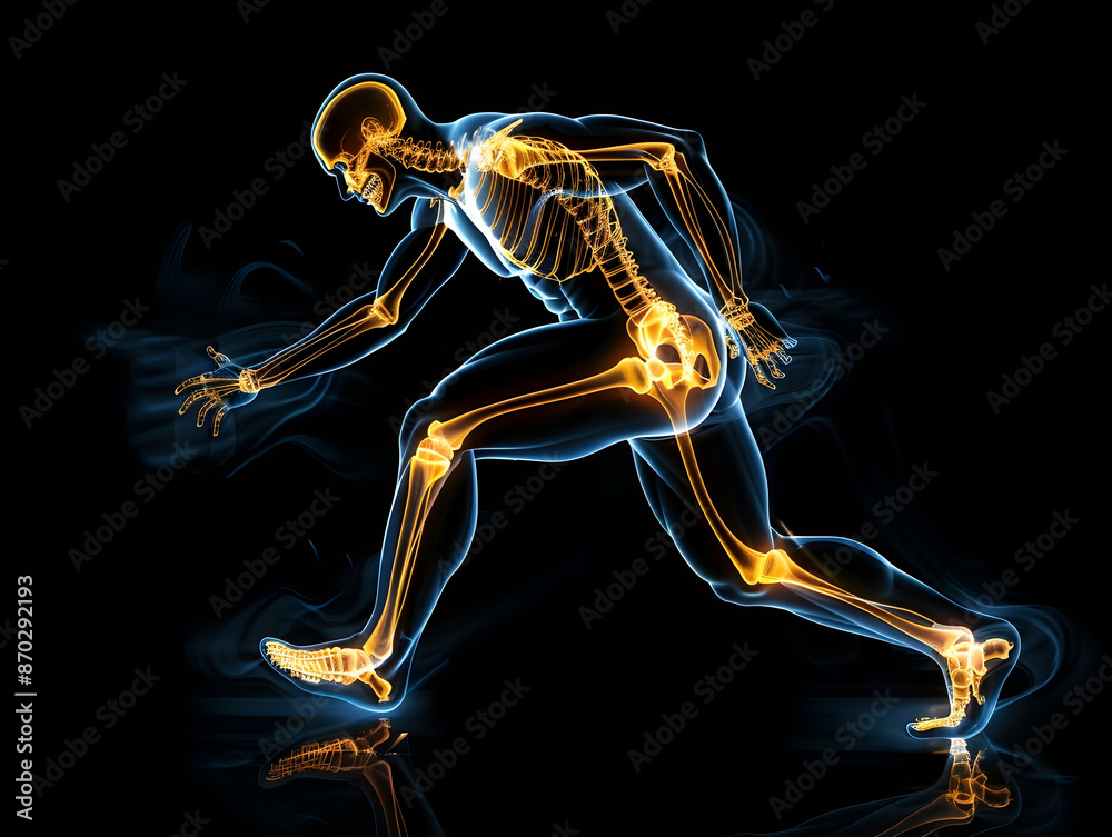 X-ray image of a human skeleton in a running pose, depicting anatomy and physiology. Ideal for medical and scientific use. X-ray image of a human skeleton in a running pose, depicting anatomy and physiology. Ideal for medical and scientific use.