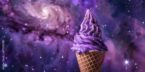 Whimsical purple ice cream cone against a dreamy galaxy backdrop. Ideal for fantasy, food, and inspirational concepts.