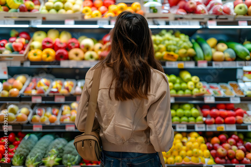 Woman shopping for fresh fruits and vegetables in a grocery store. Healthy lifestyle choices and colorful produce on display.