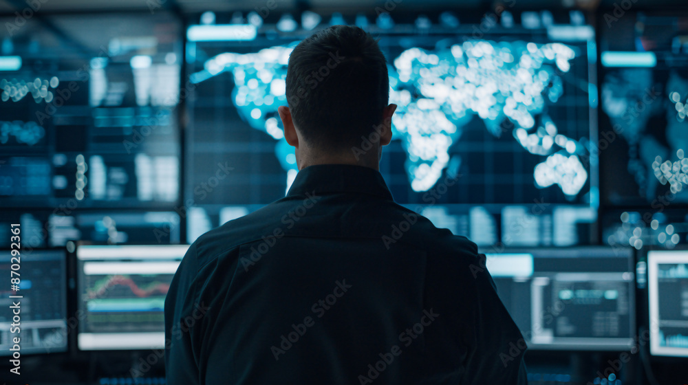 A security professional oversees numerous displays in a high-tech security operations center, emphasizing the importance of surveillance and data protection. A security professional oversees numerous displays in a high-tech security operations center, emphasizing the importance of surveillance and data protection.