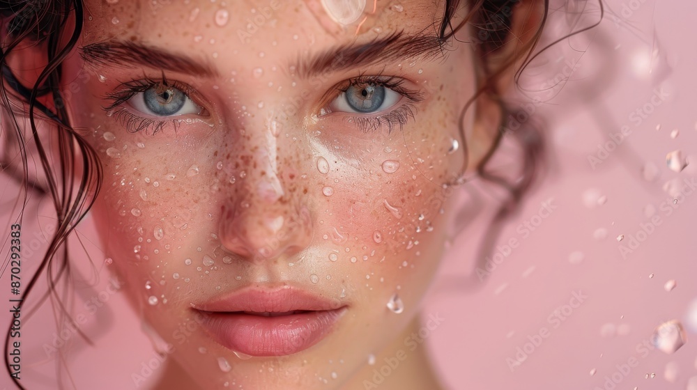 A close-up image capturing the details of a woman's face adorned with water droplets, highlighting her blue eyes and freckles A close-up image capturing the details of a woman's face adorned with water droplets, highlighting her blue eyes and freckles