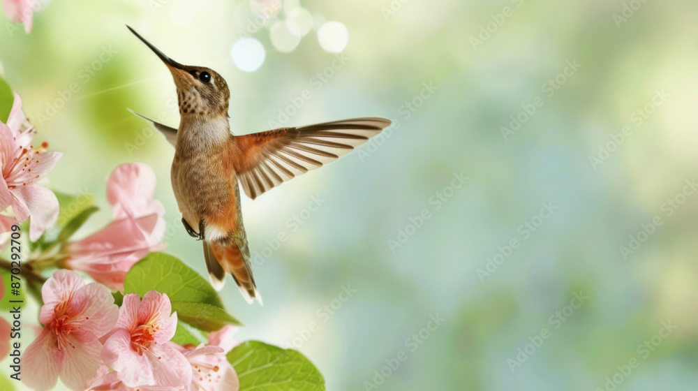 Obraz premium A close-up photo of a hummingbird in flight near a branch of pink flowers during the springtime