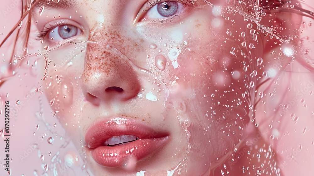 A soft pink gradient background with a detailed focus on water droplets and branches on the sides A soft pink gradient background with a detailed focus on water droplets and branches on the sides