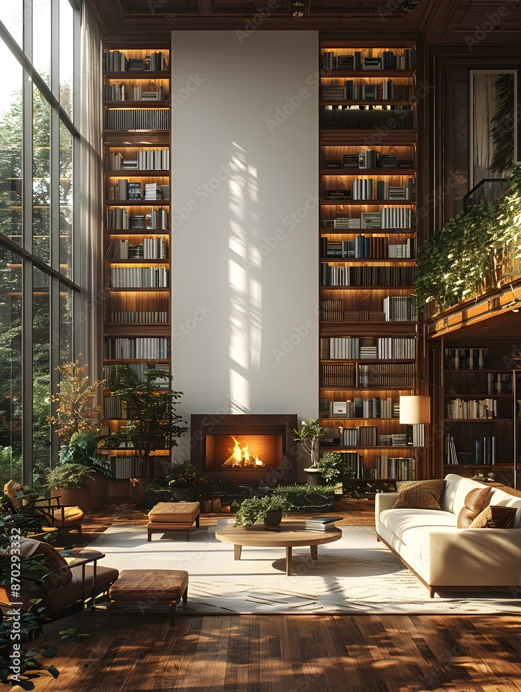 Stunning 3D rendered mockup of a minimalist and modern living room with a white background frame high ceilings floor to ceiling bookshelves and a large fireplace accentuated by warm Stunning 3D rendered mockup of a minimalist and modern living room with a white background frame high ceilings floor to ceiling bookshelves and a large fireplace accentuated by warm