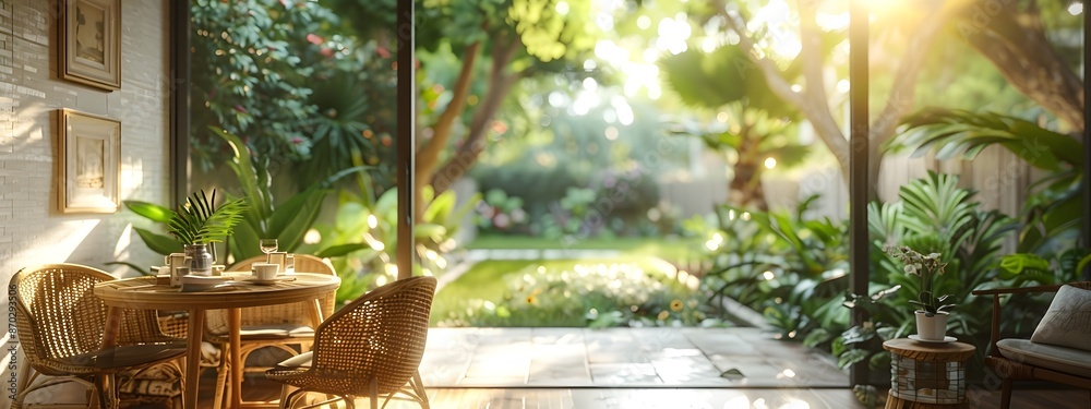 A 3D rendered mockup of a white background frame inside a cozy breakfast nook with a small round table wicker chairs and a view of a lush backyard A 3D rendered mockup of a white background frame inside a cozy breakfast nook with a small round table wicker chairs and a view of a lush backyard