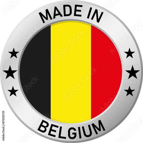 Free Download Chrome ring with the inscription: Made in Belgium, in the center - a circle and the flag of Belgium. For industrial enterprises, products, production. Vector illustration. - GFXLoad